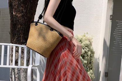 High Waist Plaid Maxi A-Line Skirt