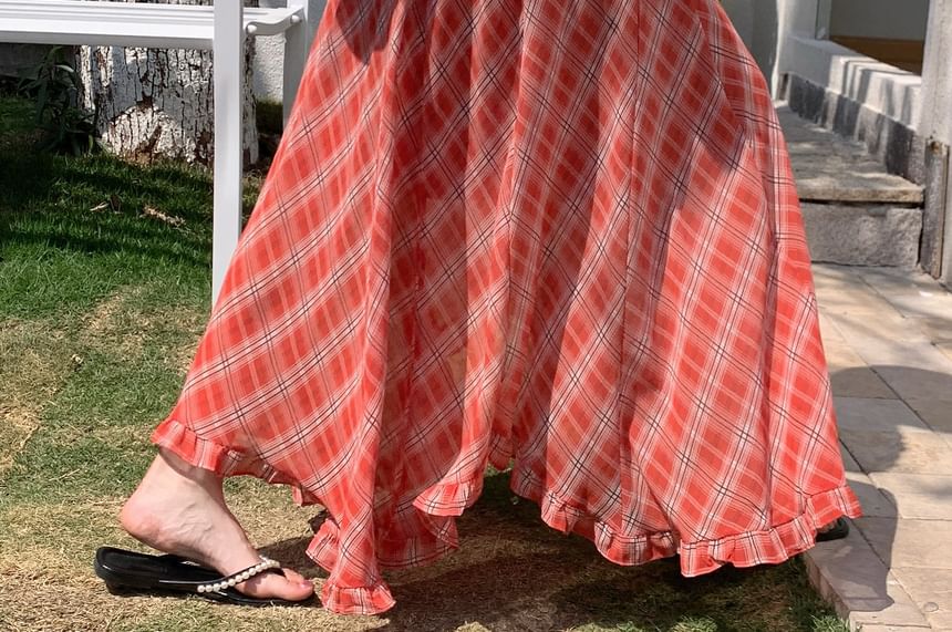 High Waist Plaid Maxi A-Line Skirt