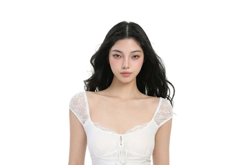 Cap Sleeve Square Neck Plain Tie Front Panel Lace Top