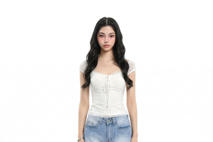Cap Sleeve Square Neck Plain Tie Front Panel Lace Top