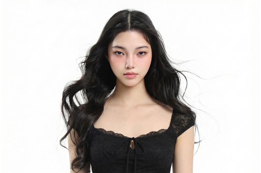 Cap Sleeve Square Neck Plain Tie Front Panel Lace Top