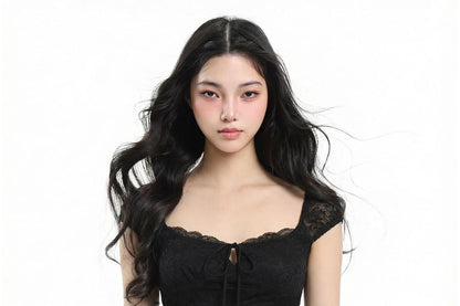 Cap Sleeve Square Neck Plain Tie Front Panel Lace Top