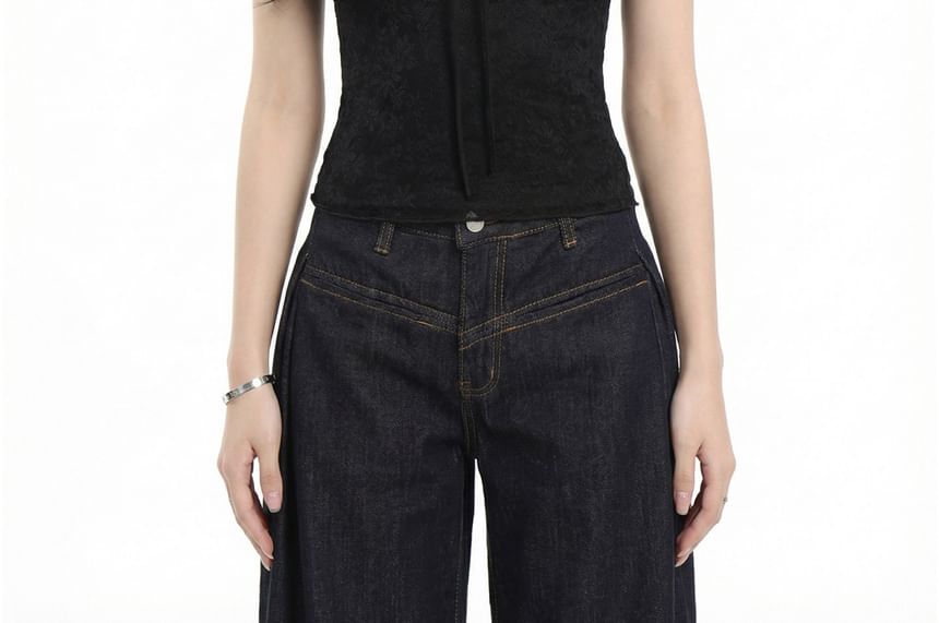 Cap Sleeve Square Neck Plain Tie Front Panel Lace Top