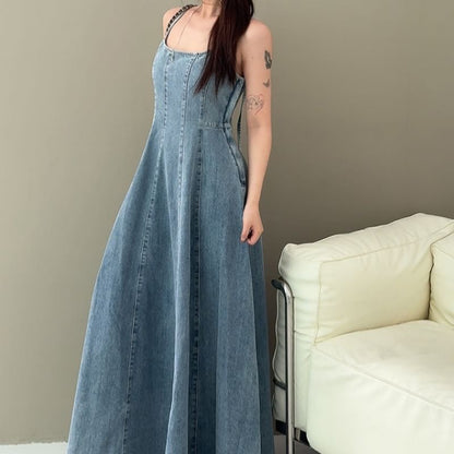Spaghetti Strap Washed Open Back Midi A-Line Denim Dress