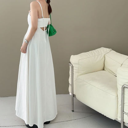 Spaghetti Strap Washed Open Back Midi A-Line Denim Dress