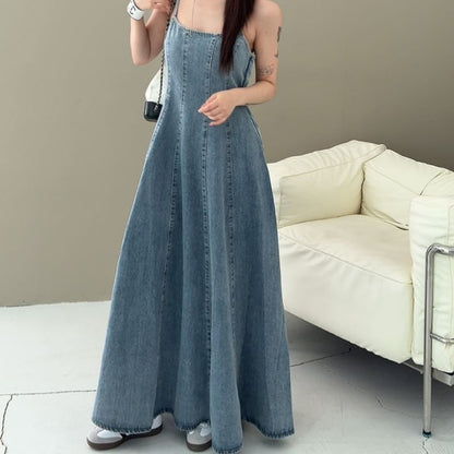 Spaghetti Strap Washed Open Back Midi A-Line Denim Dress