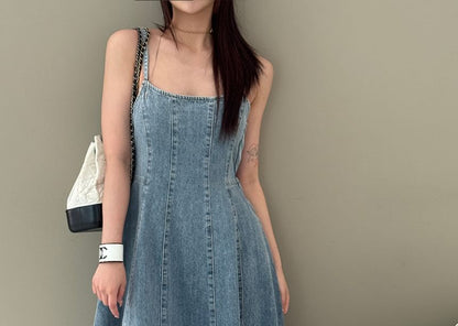 Spaghetti Strap Washed Open Back Midi A-Line Denim Dress