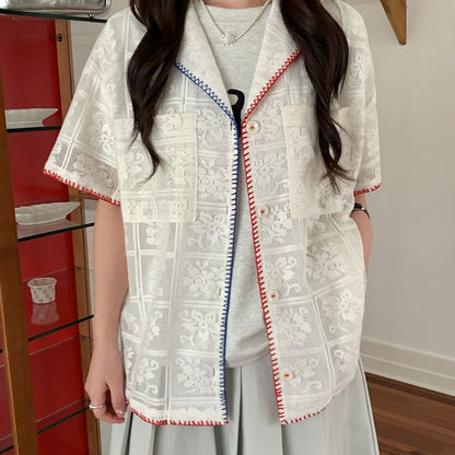 Short-Sleeve Contrast Stitching Lace Shirt