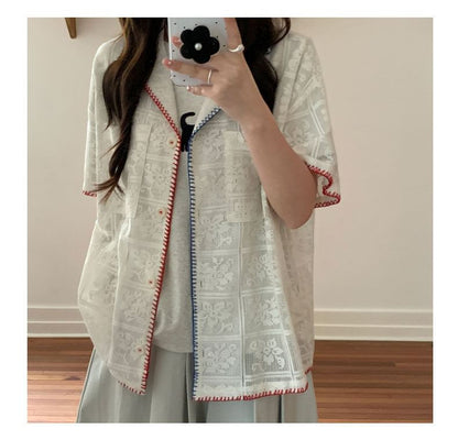 Short-Sleeve Contrast Stitching Lace Shirt