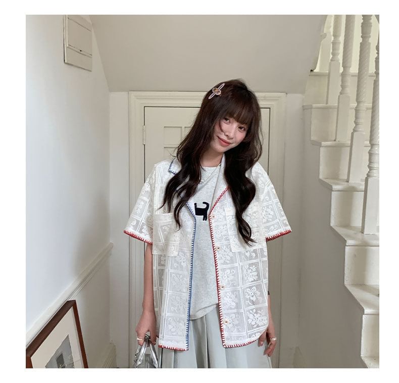 Short-Sleeve Contrast Stitching Lace Shirt