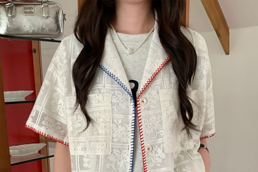 Short-Sleeve Contrast Stitching Lace Shirt
