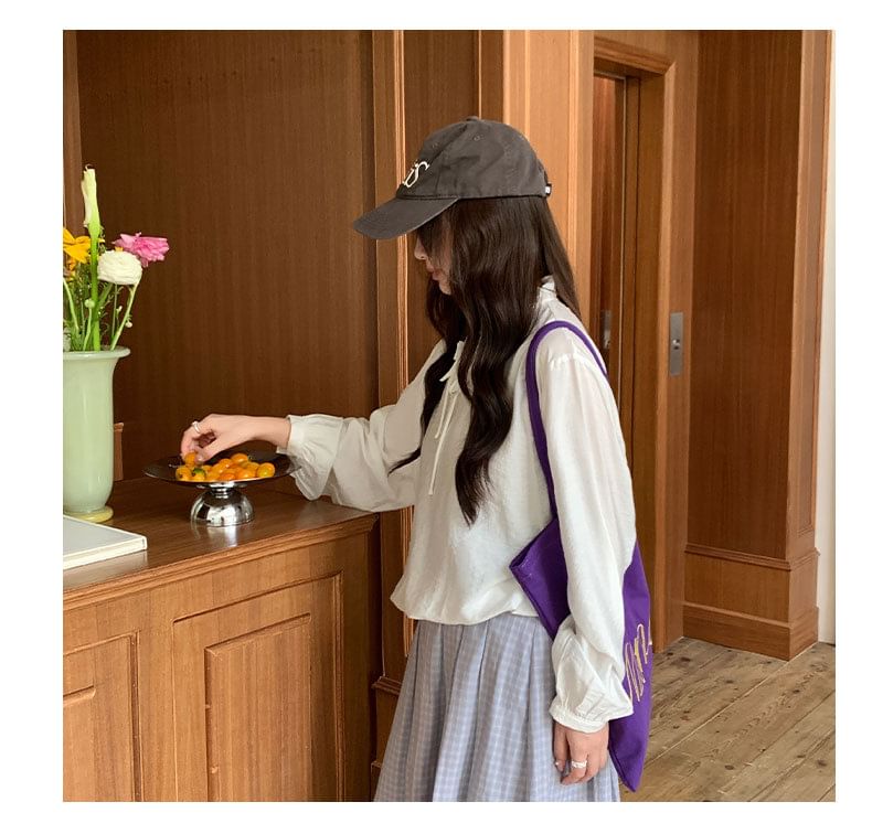 Long-Sleeve Frill Trim Plain Blouse