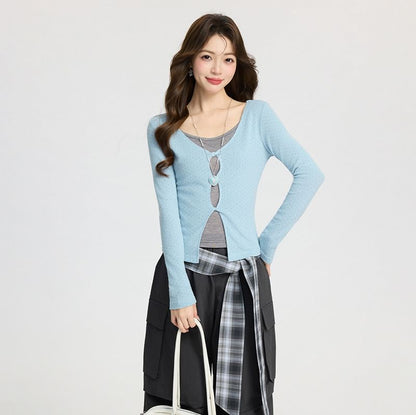 Two-Tone Cutout Long-Sleeve Mock Layer Tee
