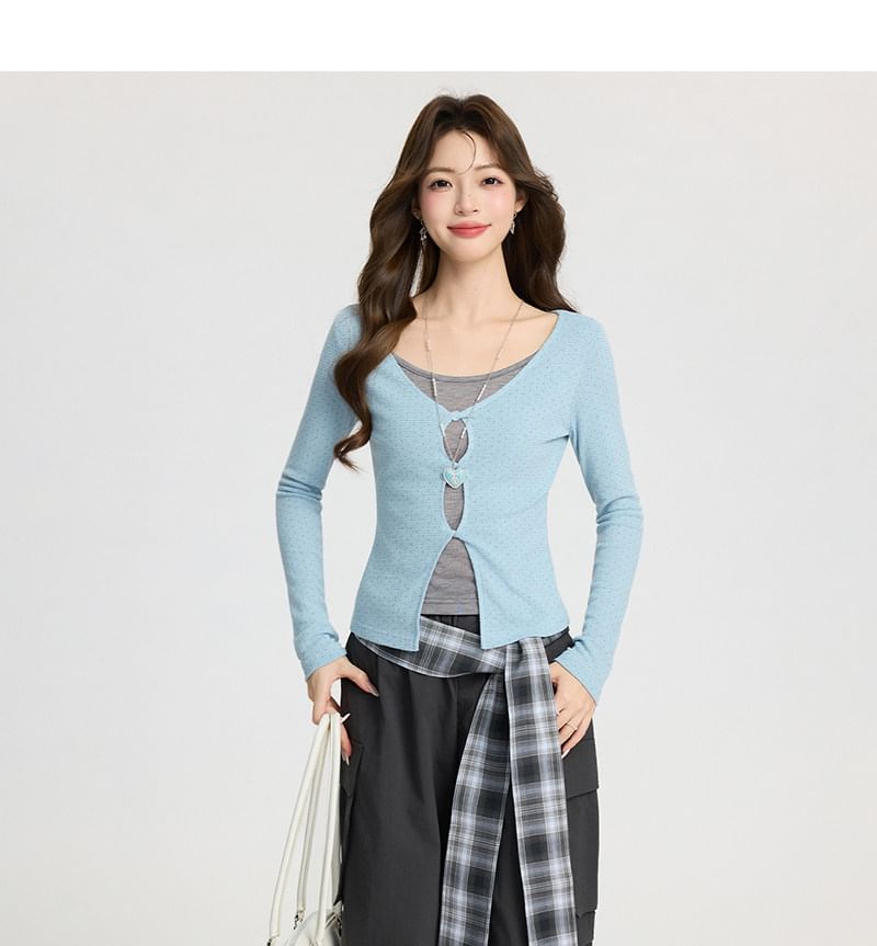 Two-Tone Cutout Long-Sleeve Mock Layer Tee