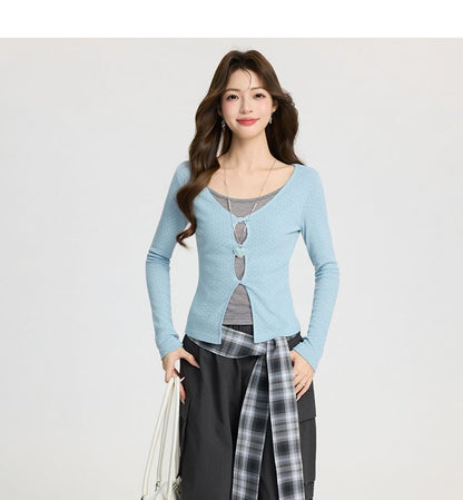 Two-Tone Cutout Long-Sleeve Mock Layer Tee