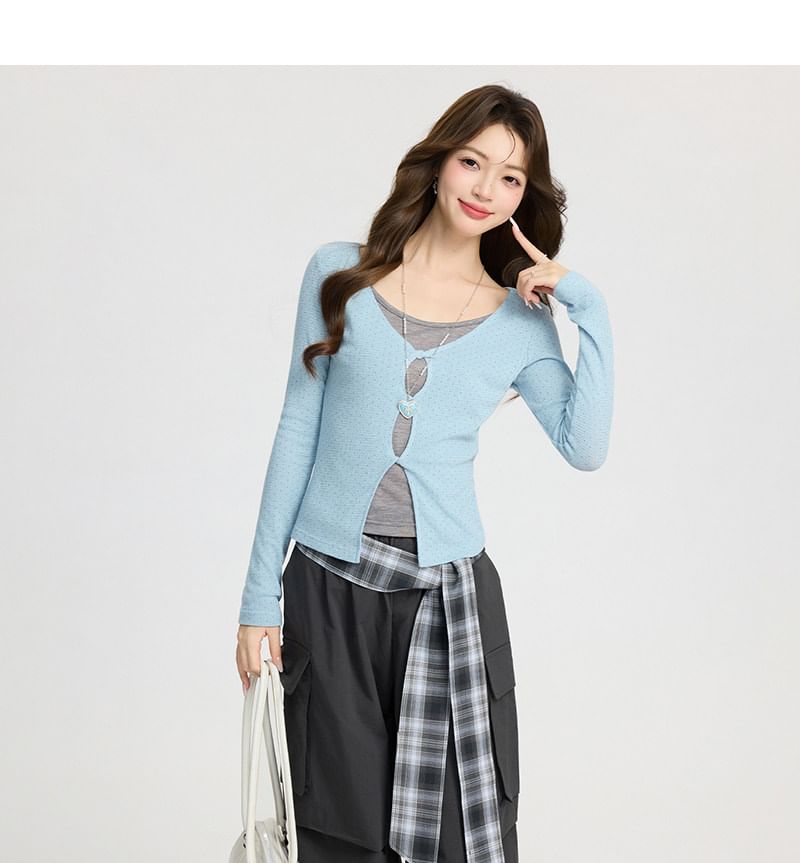 Two-Tone Cutout Long-Sleeve Mock Layer Tee