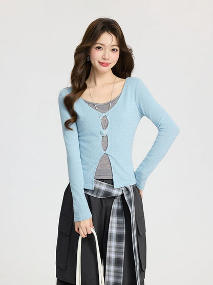 Two-Tone Cutout Long-Sleeve Mock Layer Tee