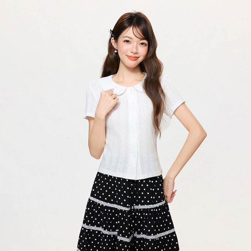 Short-Sleeve Plain Shirred Button-Up Blouse / Dotted Sash