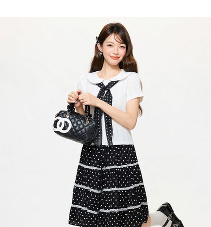Short-Sleeve Plain Shirred Button-Up Blouse / Dotted Sash