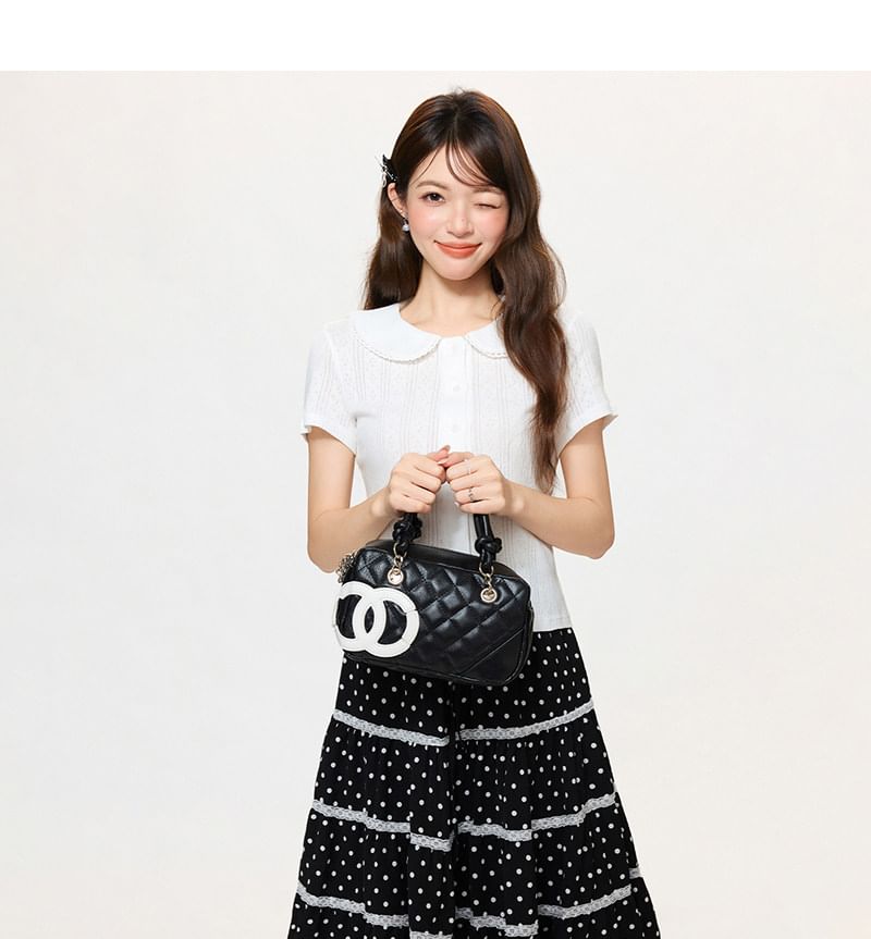 Short-Sleeve Plain Shirred Button-Up Blouse / Dotted Sash