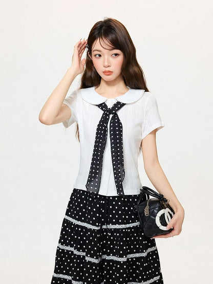Short-Sleeve Plain Shirred Button-Up Blouse / Dotted Sash