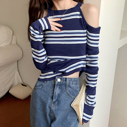 Striped Cold-Shoulder Long-Sleeve Crew Tee