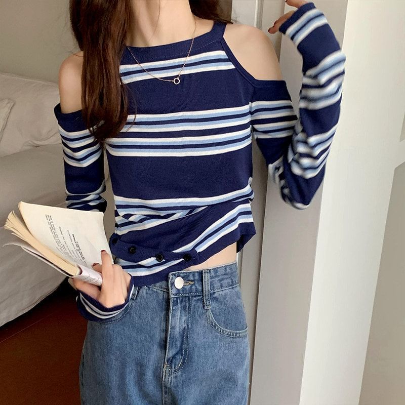 Striped Cold-Shoulder Long-Sleeve Crew Tee