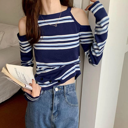 Striped Cold-Shoulder Long-Sleeve Crew Tee