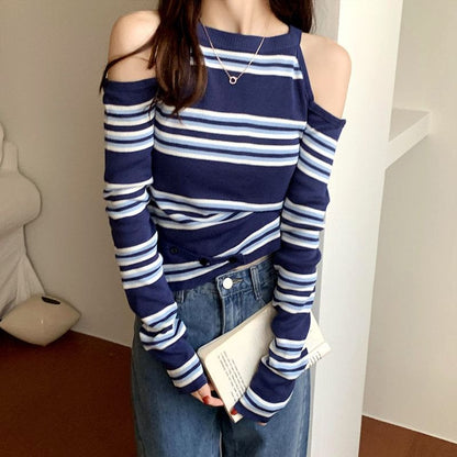 Striped Cold-Shoulder Long-Sleeve Crew Tee