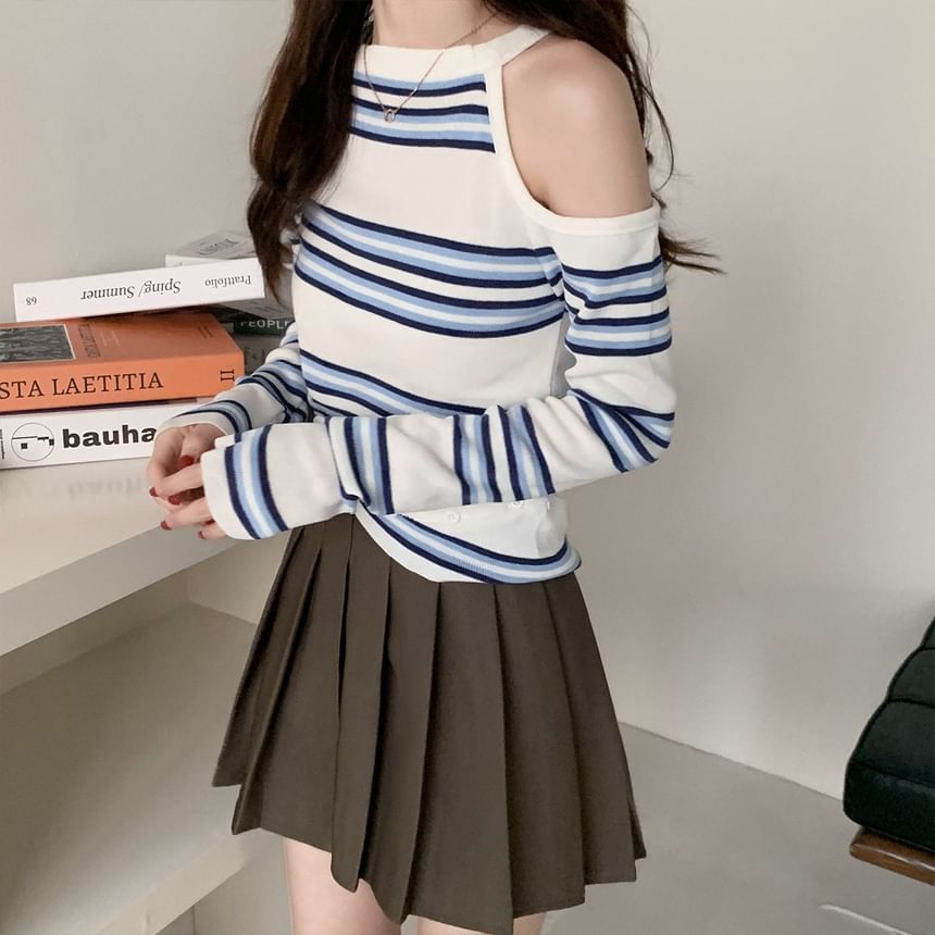 Striped Cold-Shoulder Long-Sleeve Crew Tee