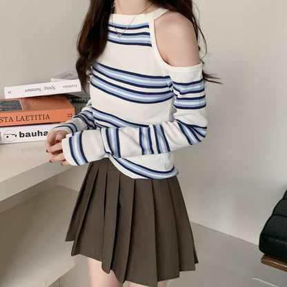 Striped Cold-Shoulder Long-Sleeve Crew Tee