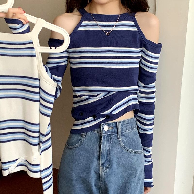 Striped Cold-Shoulder Long-Sleeve Crew Tee