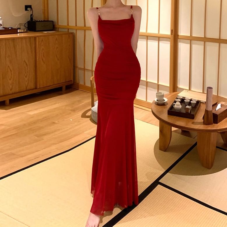 Spaghetti Strap Square Neck Plain Maxi Bodycon Dress