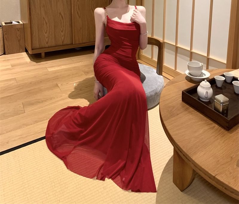 Spaghetti Strap Square Neck Plain Maxi Bodycon Dress