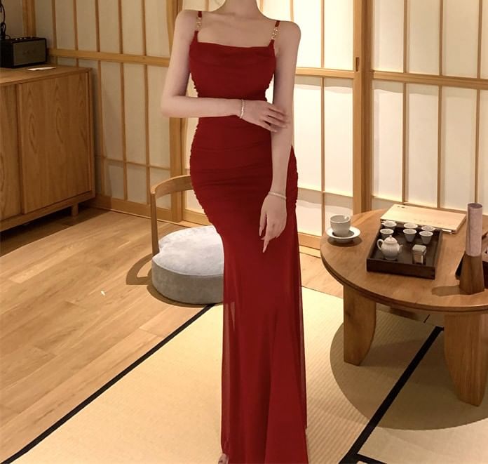 Spaghetti Strap Square Neck Plain Maxi Bodycon Dress