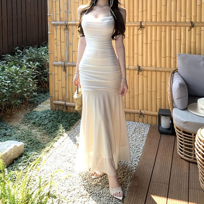 Spaghetti Strap Square Neck Plain Maxi Bodycon Dress