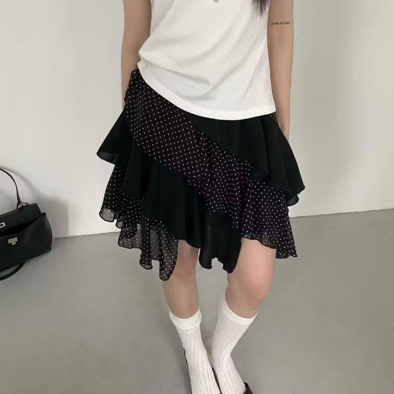Elastic Waist Dotted Ruffle Trim Mini A-Line Skirt