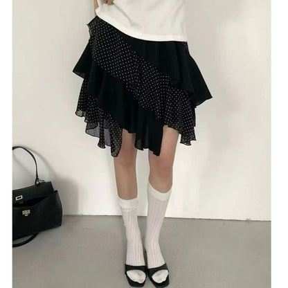 Elastic Waist Dotted Ruffle Trim Mini A-Line Skirt