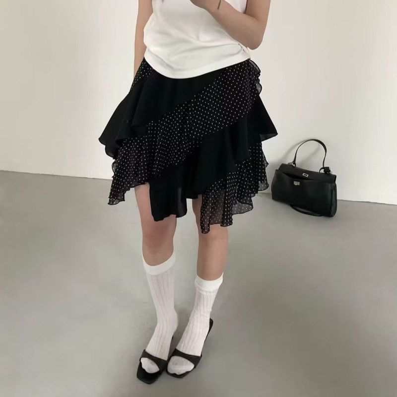 Elastic Waist Dotted Ruffle Trim Mini A-Line Skirt