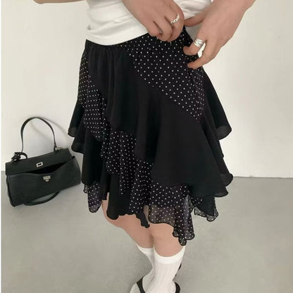 Elastic Waist Dotted Ruffle Trim Mini A-Line Skirt