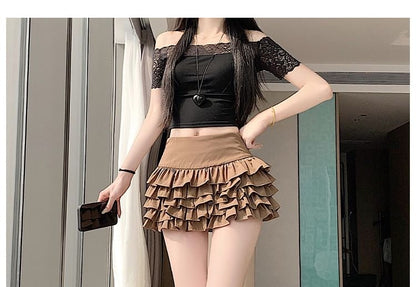 High Waist Plain Mini Ruffle Tiered Skirt