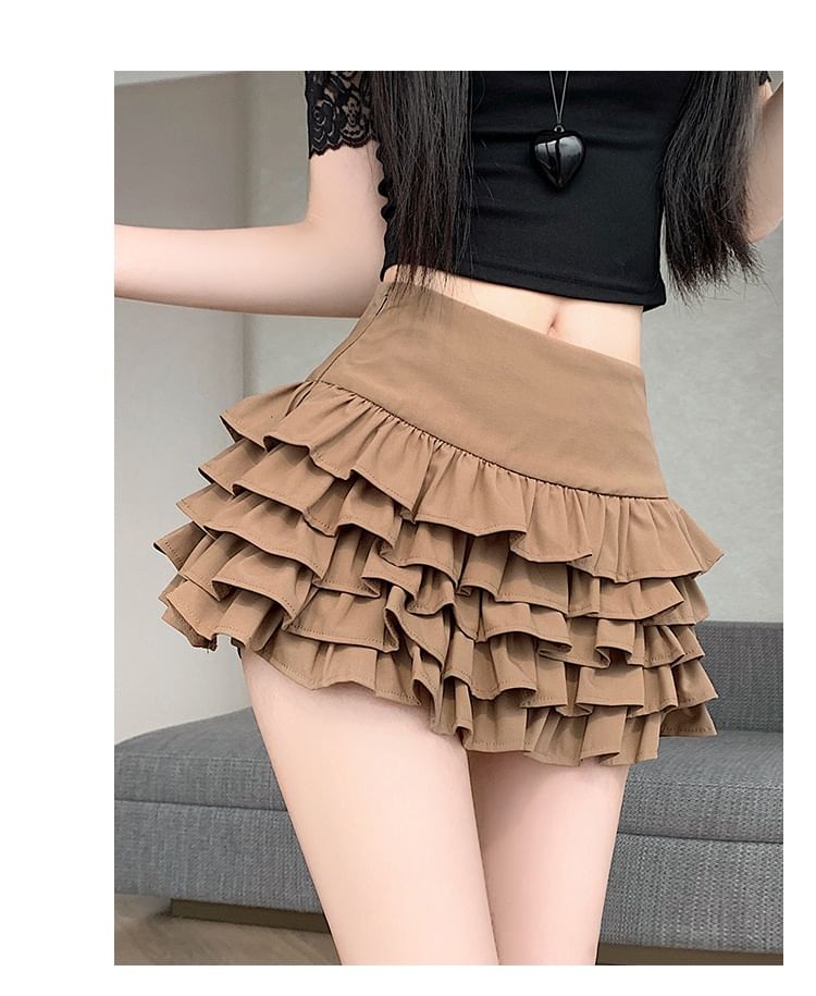High Waist Plain Mini Ruffle Tiered Skirt