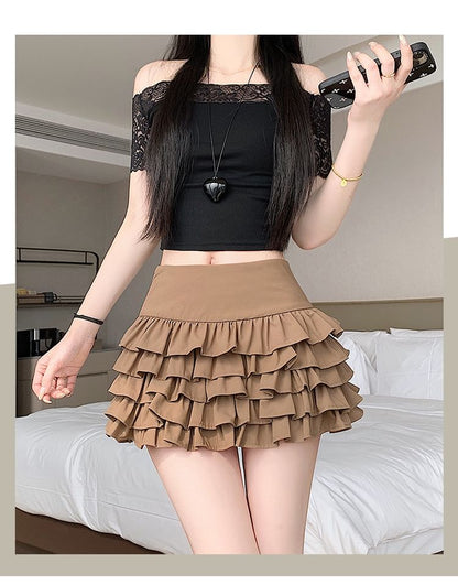 High Waist Plain Mini Ruffle Tiered Skirt