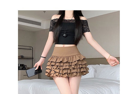 High Waist Plain Mini Ruffle Tiered Skirt