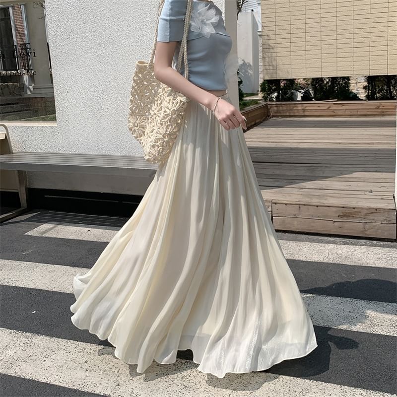 Elastic Waist Plain Maxi A-Line Skirt