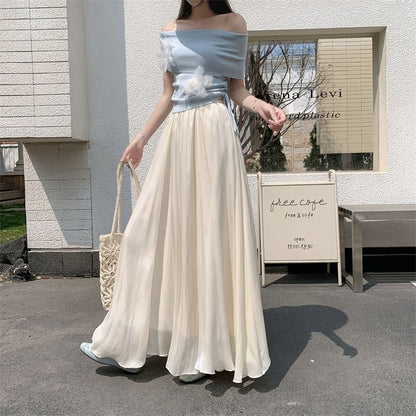 Elastic Waist Plain Maxi A-Line Skirt