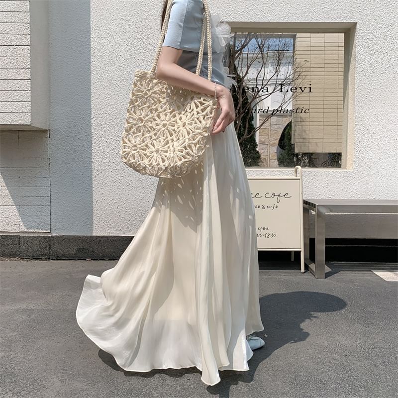 Elastic Waist Plain Maxi A-Line Skirt