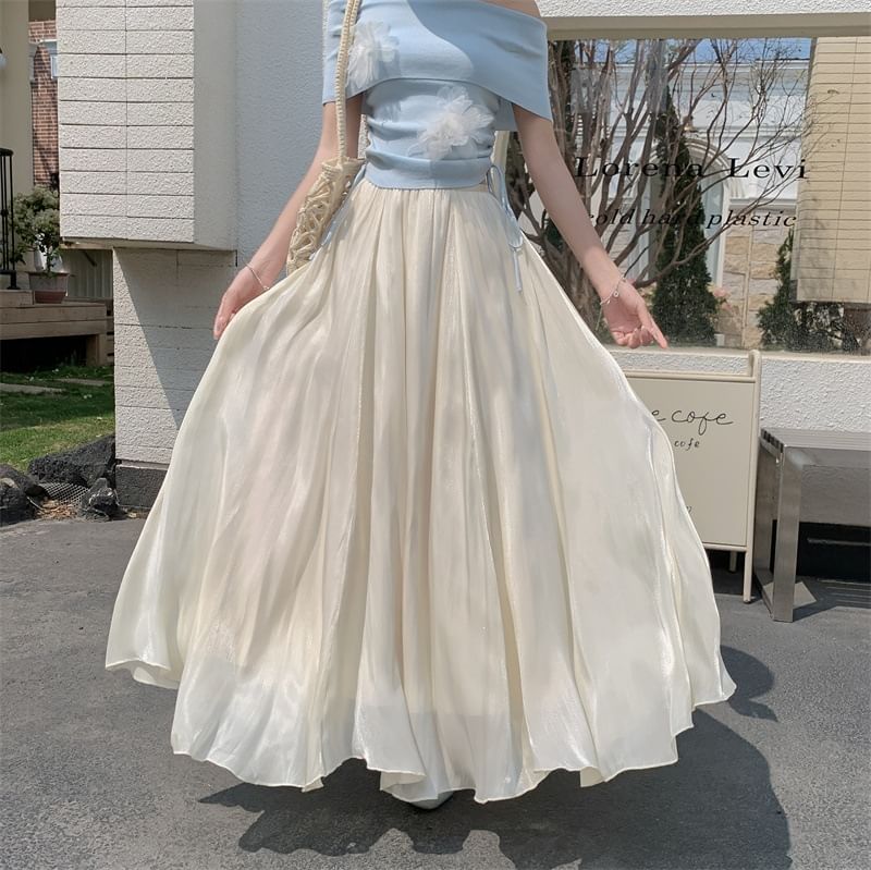 Elastic Waist Plain Maxi A-Line Skirt