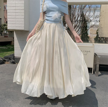 Elastic Waist Plain Maxi A-Line Skirt