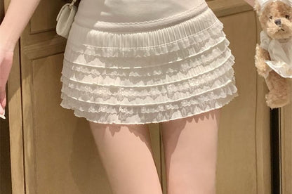 High Waist Plain Lace Trim Mini A-Line Skirt